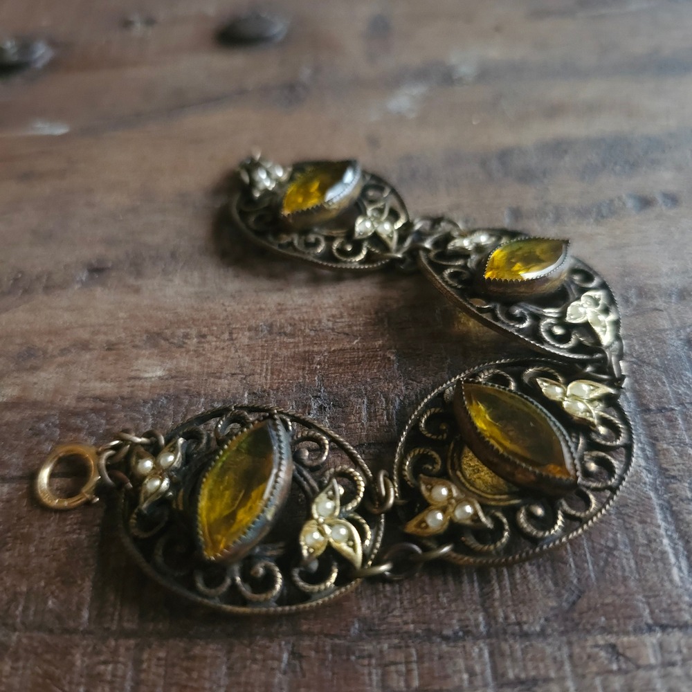 Vintage 12k Gold Filled Filigree Link Bracelet Amber Glass Faux Pearl Victorian